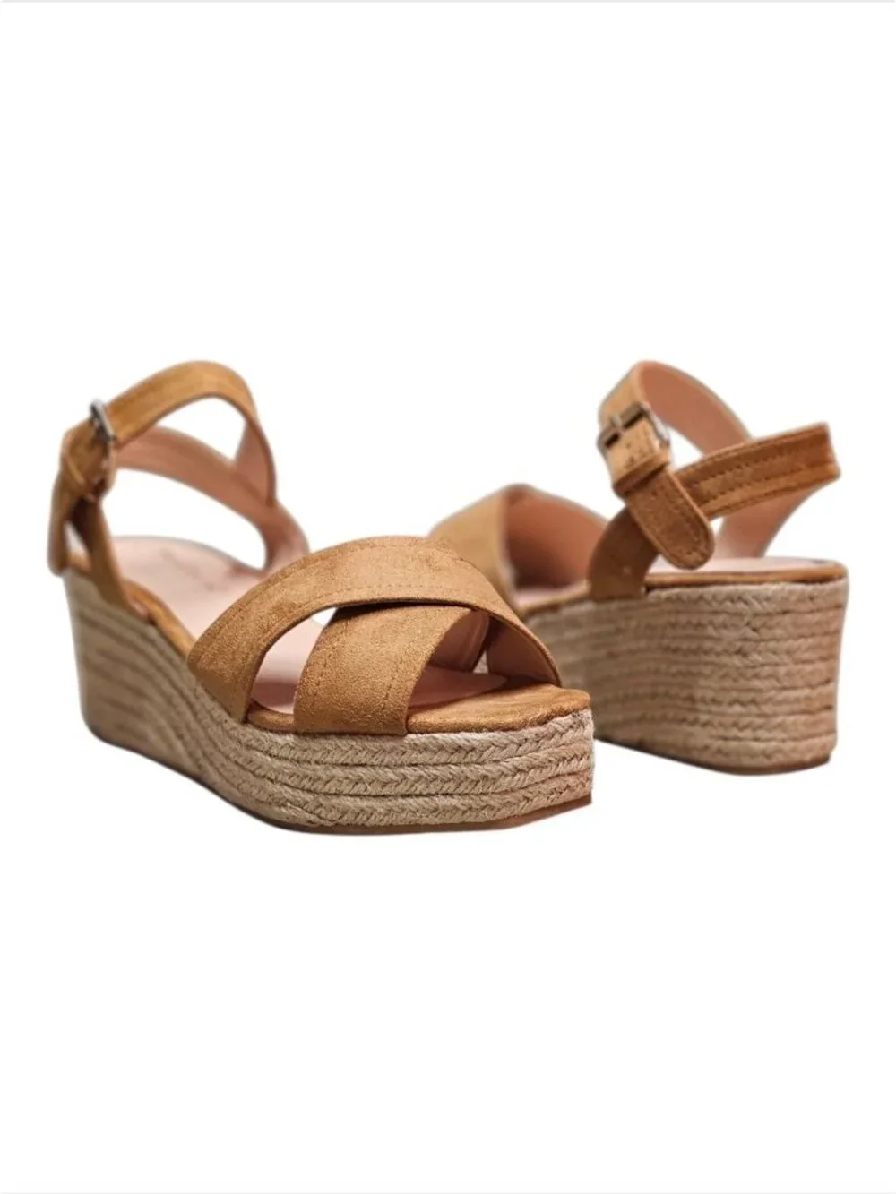 Camel Suede Espadrille Wedge Sandals With Ankle Strap & Buckle Closure For Women